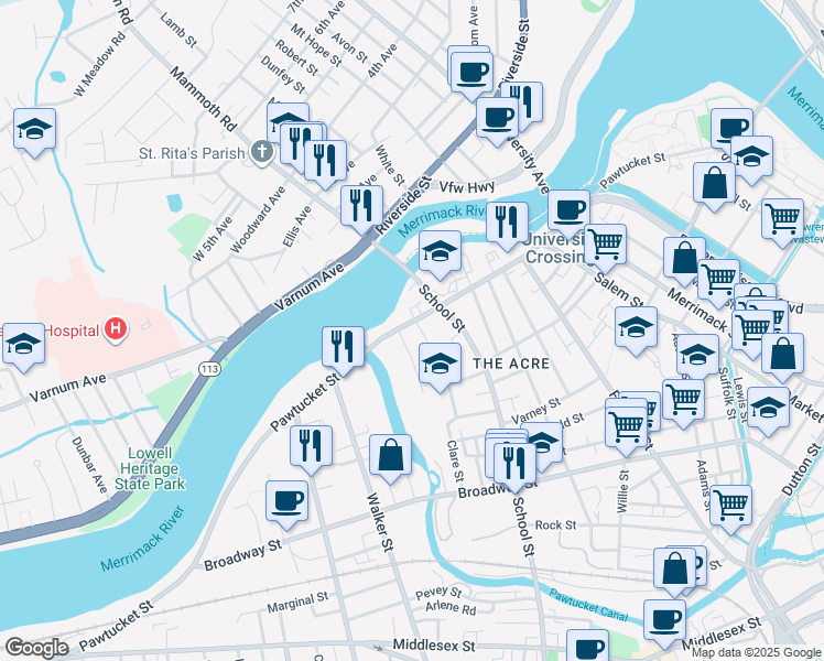 map of restaurants, bars, coffee shops, grocery stores, and more near in Lowell