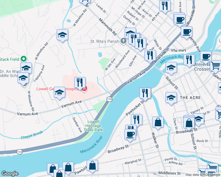 map of restaurants, bars, coffee shops, grocery stores, and more near 22 Orchard Street in Lowell