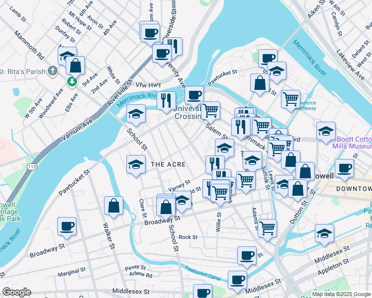 map of restaurants, bars, coffee shops, grocery stores, and more near 52 Mount Washington Street in Lowell