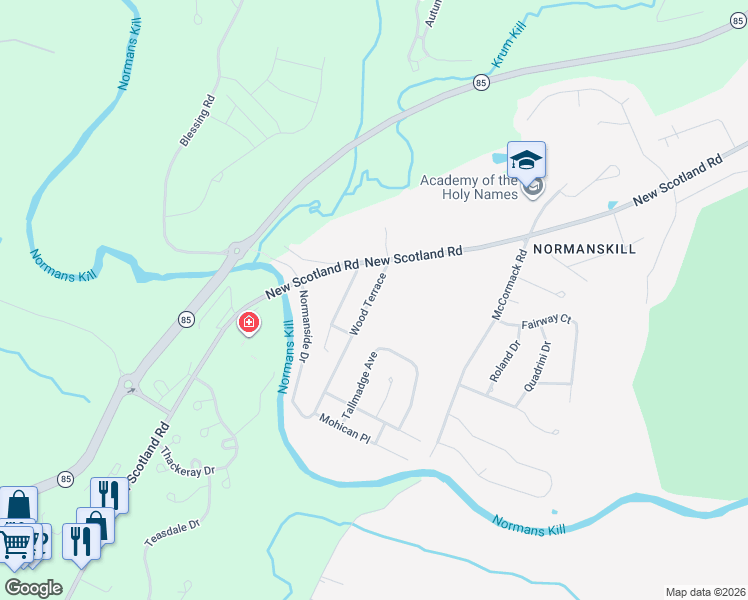 map of restaurants, bars, coffee shops, grocery stores, and more near 9 Wood Terrace in Albany