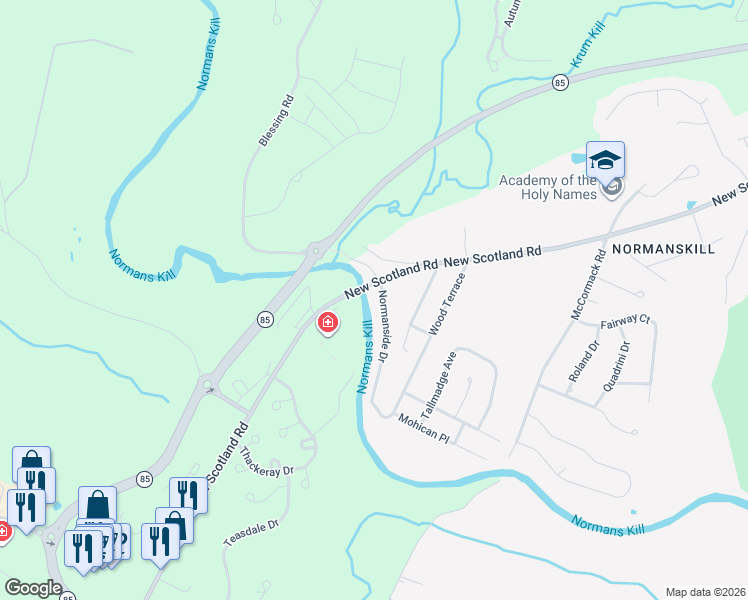 map of restaurants, bars, coffee shops, grocery stores, and more near 1198 New Scotland Road in Albany