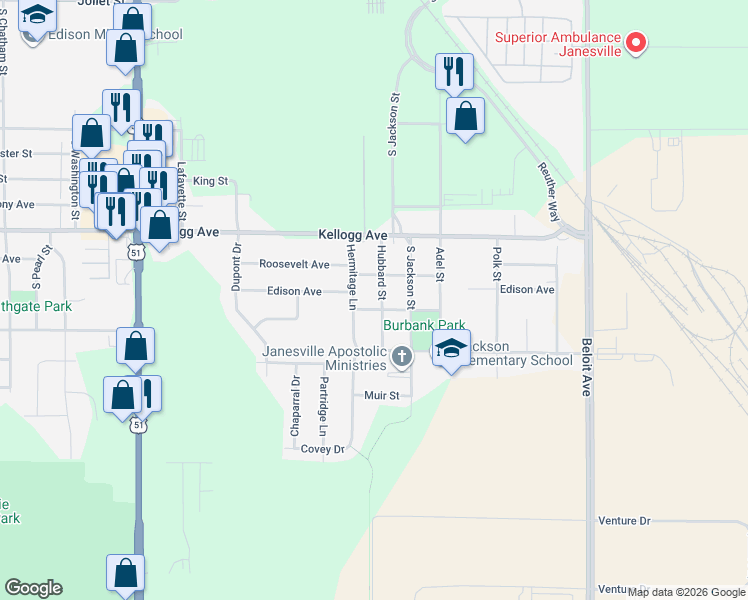 map of restaurants, bars, coffee shops, grocery stores, and more near 517 Roosevelt Avenue in Janesville