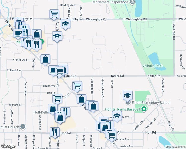 map of restaurants, bars, coffee shops, grocery stores, and more near 4348 Keller Road in Delhi charter Township