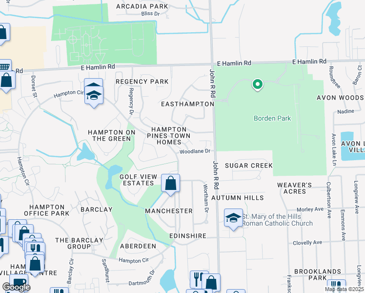 map of restaurants, bars, coffee shops, grocery stores, and more near 64 London Bridge Drive in Rochester Hills