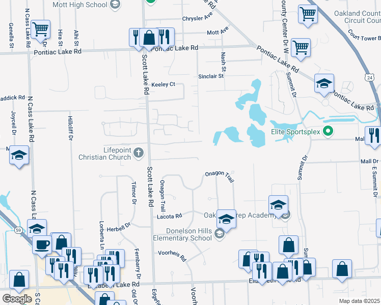 map of restaurants, bars, coffee shops, grocery stores, and more near 2750 Cherokee Drive in Waterford Township
