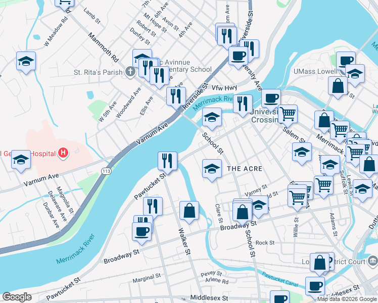 map of restaurants, bars, coffee shops, grocery stores, and more near 423 Pawtucket Street in Lowell