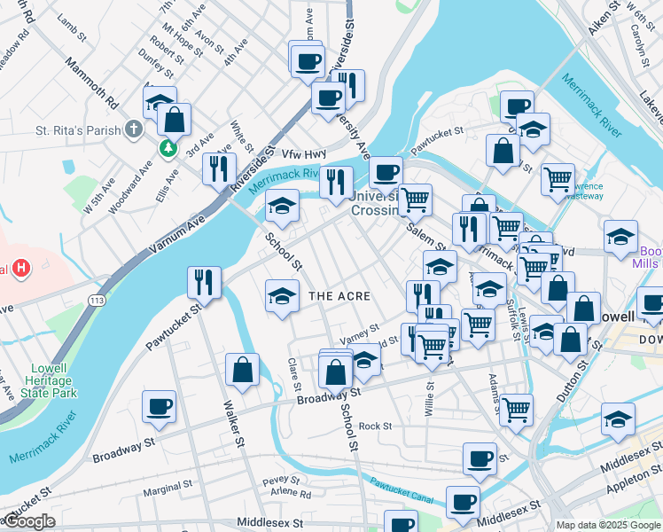 map of restaurants, bars, coffee shops, grocery stores, and more near 35 Mount Vernon Street in Lowell