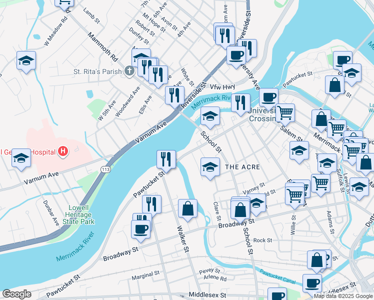 map of restaurants, bars, coffee shops, grocery stores, and more near 423 Pawtucket Street in Lowell