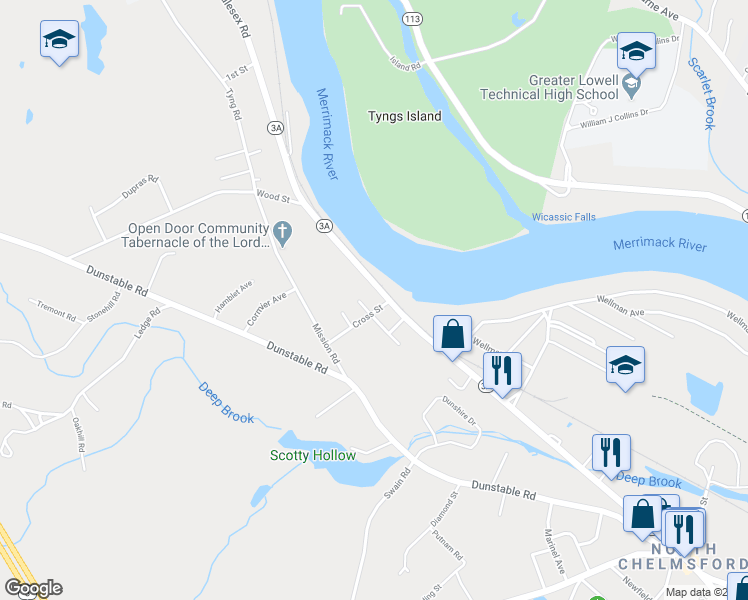 map of restaurants, bars, coffee shops, grocery stores, and more near 170 Tyngsboro Road in Chelmsford