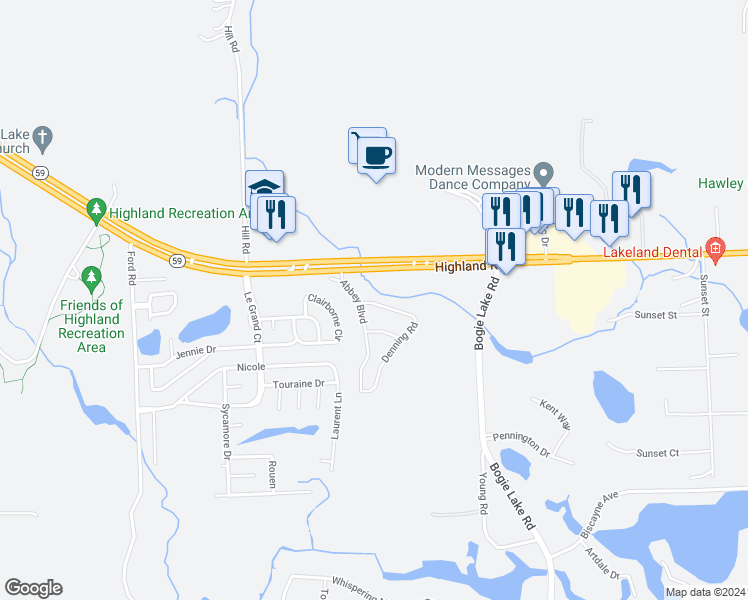 map of restaurants, bars, coffee shops, grocery stores, and more near 136 Denning Road in White Lake charter Township