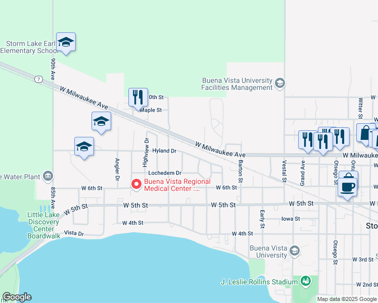 map of restaurants, bars, coffee shops, grocery stores, and more near 817 Hyland Drive in Storm Lake