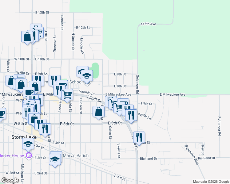 map of restaurants, bars, coffee shops, grocery stores, and more near 815 North Walnut Street in Storm Lake