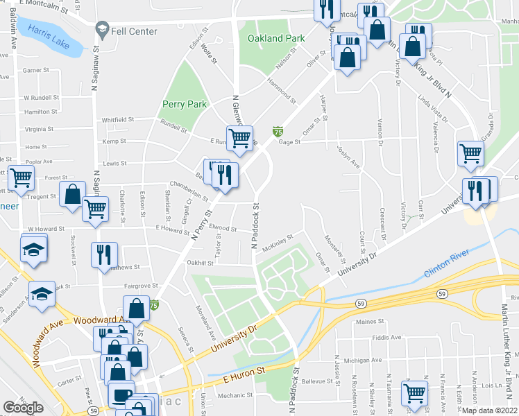 map of restaurants, bars, coffee shops, grocery stores, and more near 380 North Paddock Street in Pontiac