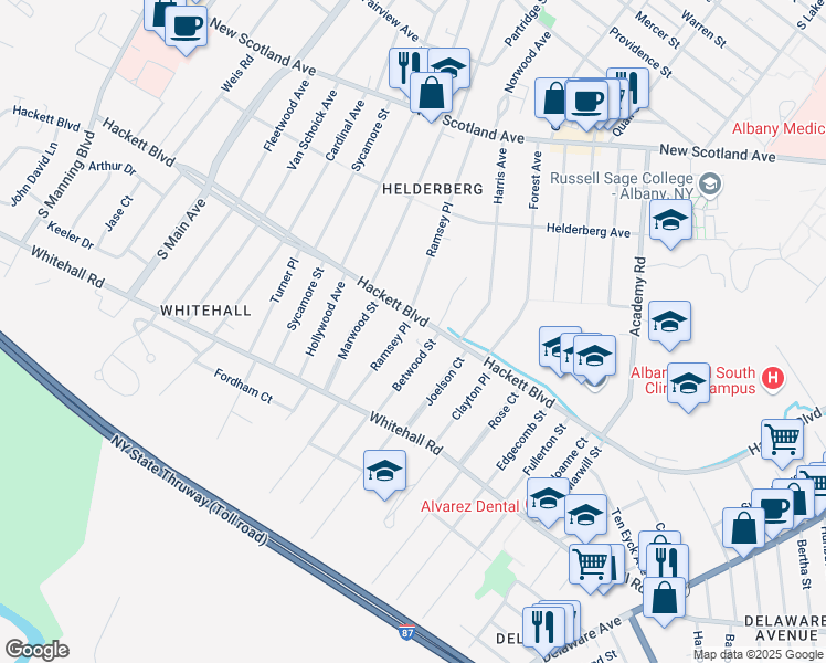 map of restaurants, bars, coffee shops, grocery stores, and more near 158 Hackett Boulevard in Albany
