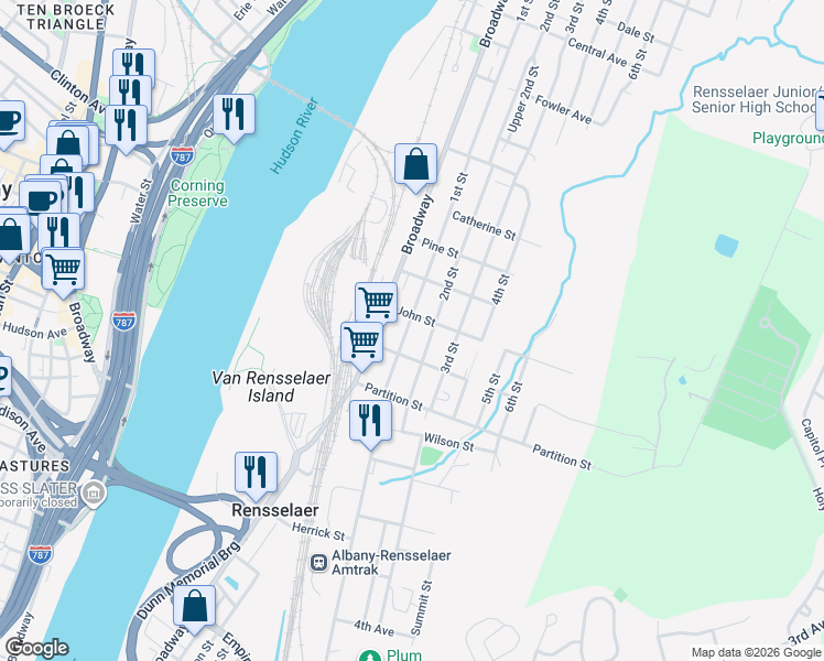 map of restaurants, bars, coffee shops, grocery stores, and more near 943 2nd Street in Rensselaer