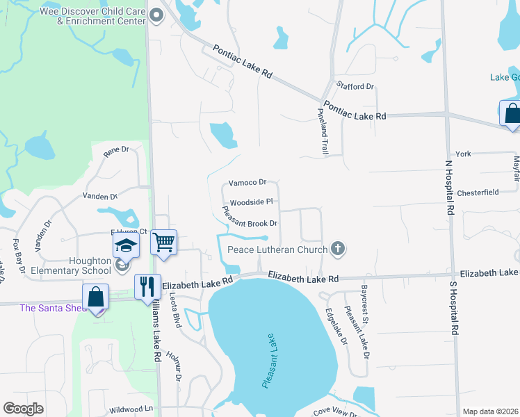 map of restaurants, bars, coffee shops, grocery stores, and more near 7662 Woodside Place in Waterford Township