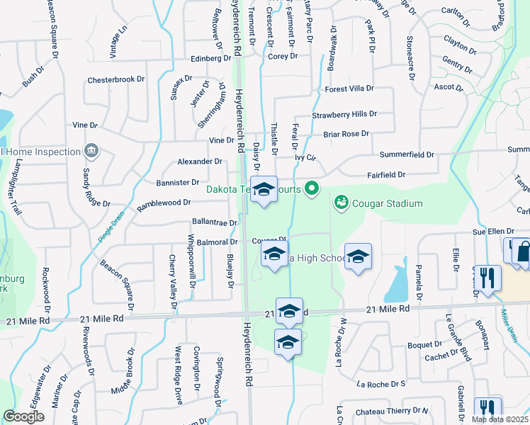 map of restaurants, bars, coffee shops, grocery stores, and more near 47600 Heydenreich Road in Macomb