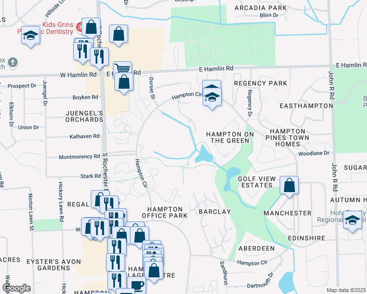 map of restaurants, bars, coffee shops, grocery stores, and more near 332 Woodside Court in Rochester Hills