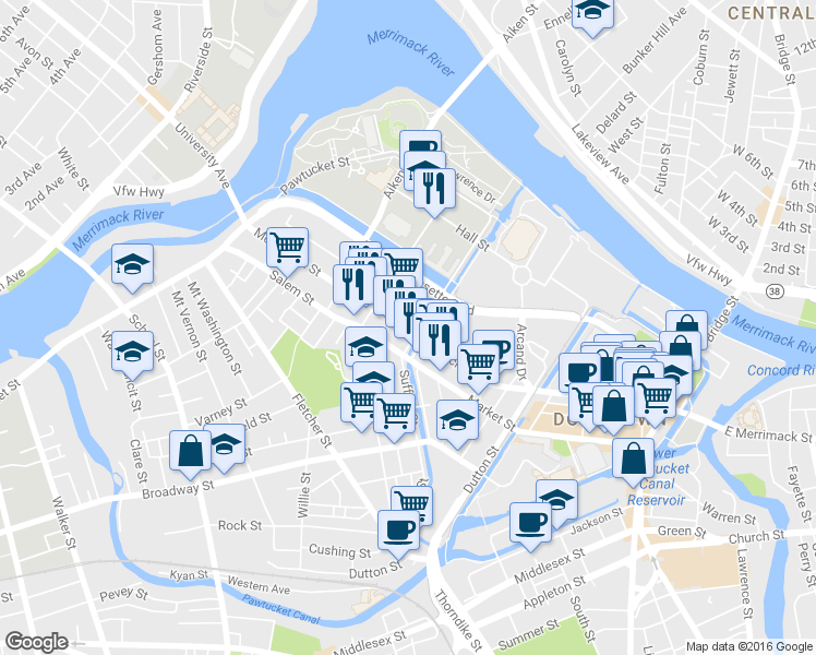 map of restaurants, bars, coffee shops, grocery stores, and more near 597 Merrimack St in Lowell