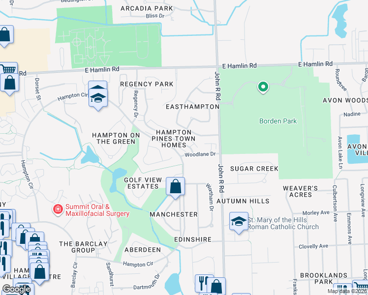 map of restaurants, bars, coffee shops, grocery stores, and more near 64 London Bridge Drive in Rochester Hills