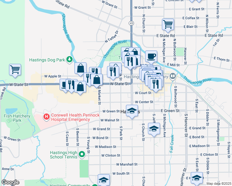map of restaurants, bars, coffee shops, grocery stores, and more near 419 West Court Street in Hastings