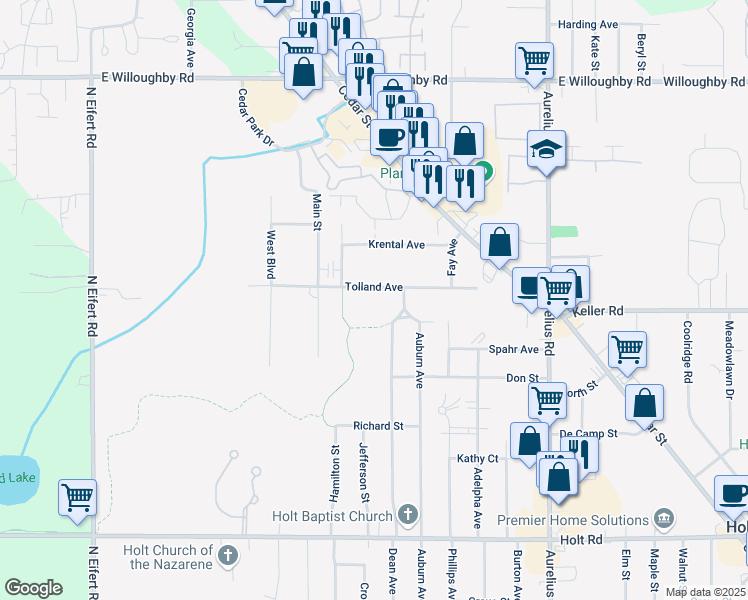 map of restaurants, bars, coffee shops, grocery stores, and more near 4683 Tolland Ave in Delhi Charter Township
