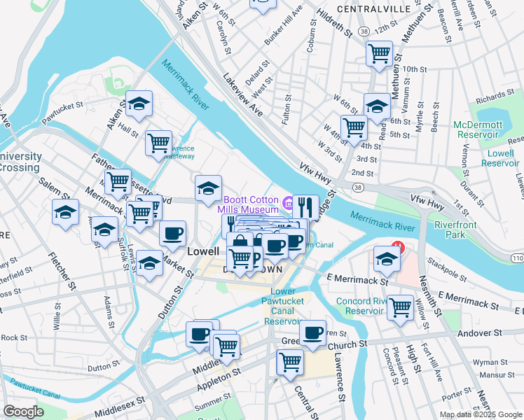 map of restaurants, bars, coffee shops, grocery stores, and more near 116 John Street in Lowell