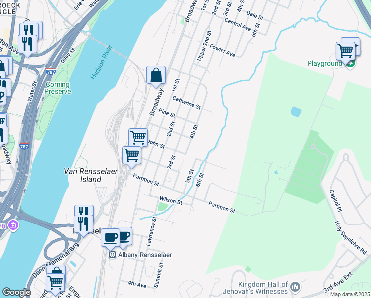 map of restaurants, bars, coffee shops, grocery stores, and more near 1016 3rd Street in Rensselaer