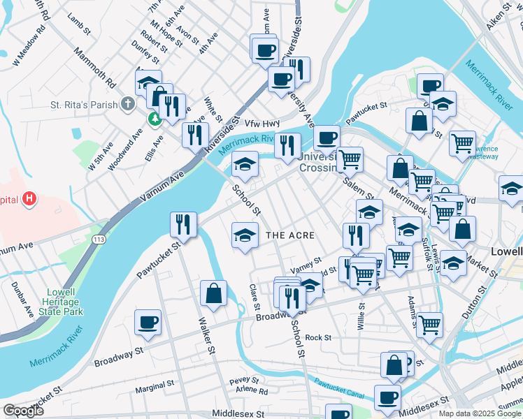 map of restaurants, bars, coffee shops, grocery stores, and more near 84 School Street in Lowell