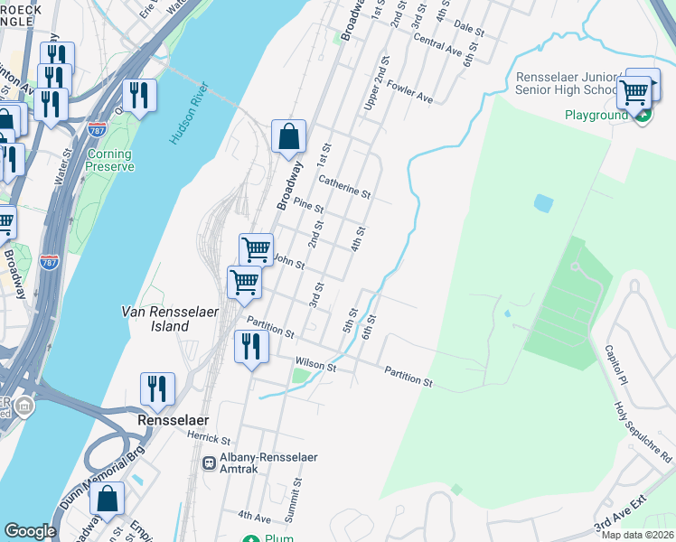 map of restaurants, bars, coffee shops, grocery stores, and more near 1016 3rd Street in Rensselaer
