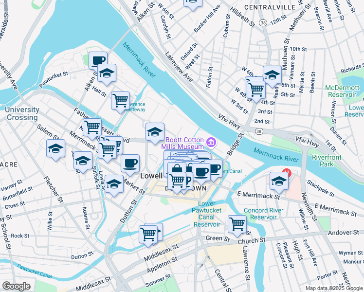 map of restaurants, bars, coffee shops, grocery stores, and more near 12 French Street in Lowell