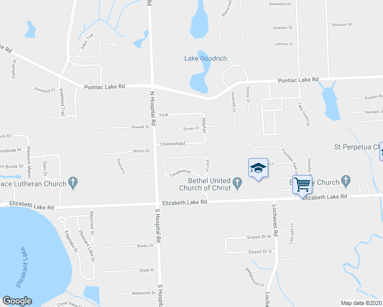 map of restaurants, bars, coffee shops, grocery stores, and more near 6890 Fox Lane in Waterford Township