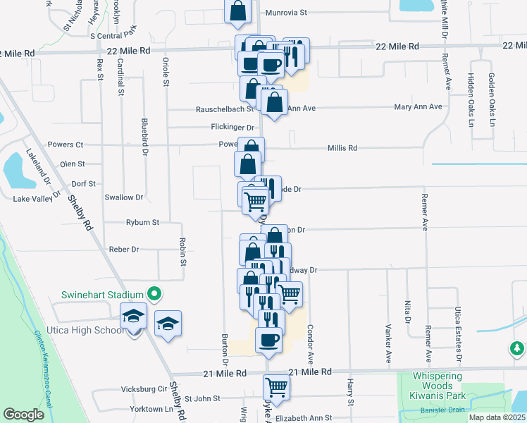 map of restaurants, bars, coffee shops, grocery stores, and more near 7999 Norse Avenue in Shelby charter Township