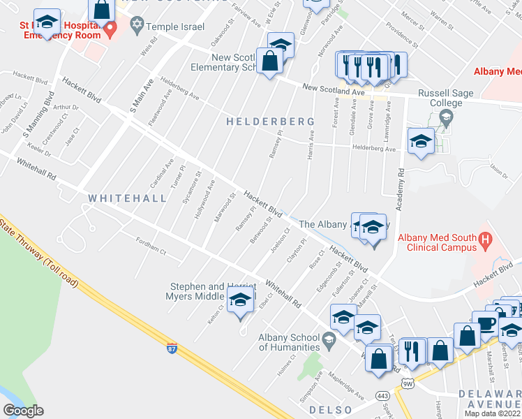 map of restaurants, bars, coffee shops, grocery stores, and more near 158 Hackett Boulevard in Albany