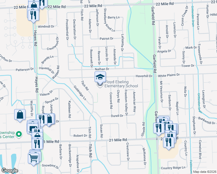 map of restaurants, bars, coffee shops, grocery stores, and more near 47825 Concord Road in Macomb