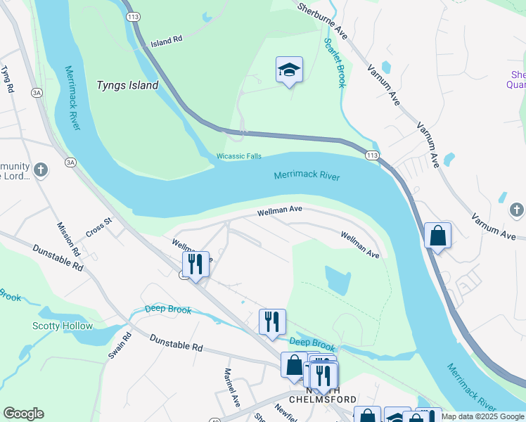 map of restaurants, bars, coffee shops, grocery stores, and more near 211 Wellman Avenue in Chelmsford