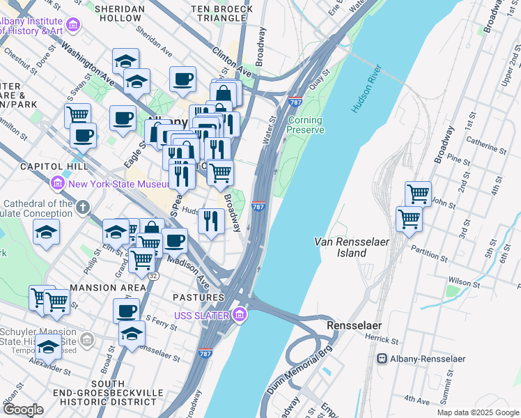 map of restaurants, bars, coffee shops, grocery stores, and more near in Albany