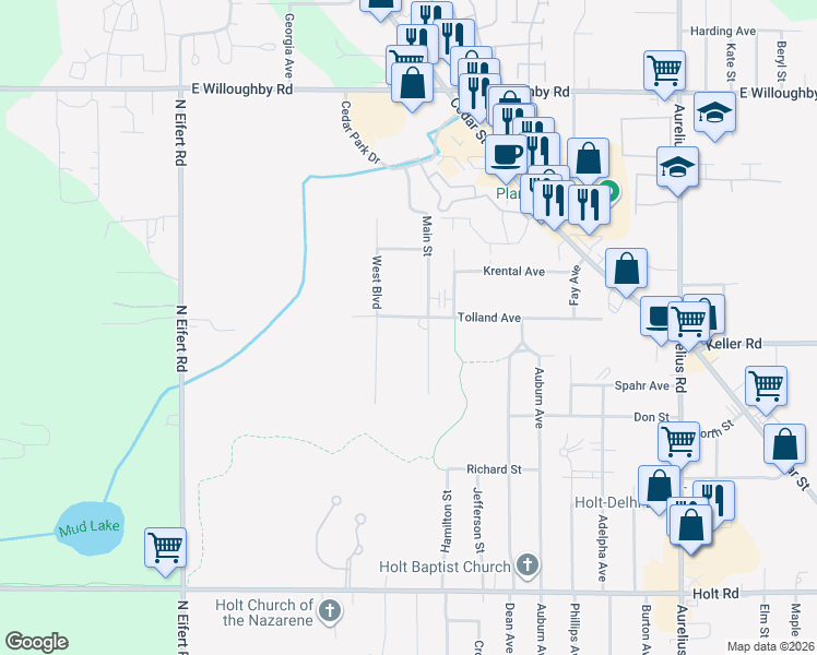 map of restaurants, bars, coffee shops, grocery stores, and more near 4777 Tolland Ave in Delhi Charter Township