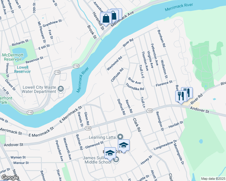 map of restaurants, bars, coffee shops, grocery stores, and more near 110 Stafford Road in Lowell