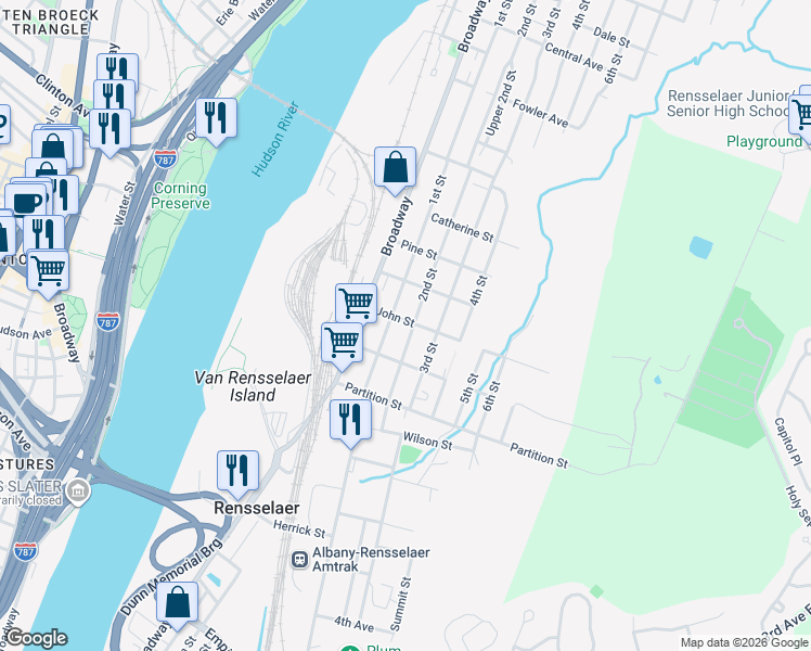 map of restaurants, bars, coffee shops, grocery stores, and more near 943 2nd Street in Rensselaer