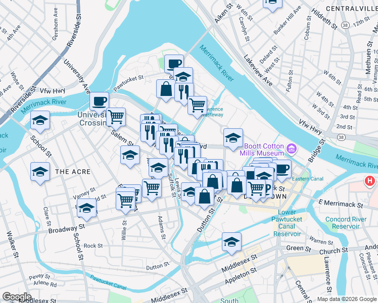 map of restaurants, bars, coffee shops, grocery stores, and more near 243 Moody Street in Lowell