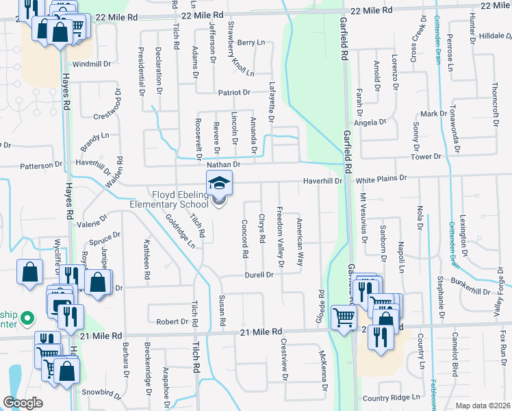 map of restaurants, bars, coffee shops, grocery stores, and more near 47846 Chrys Road in Macomb