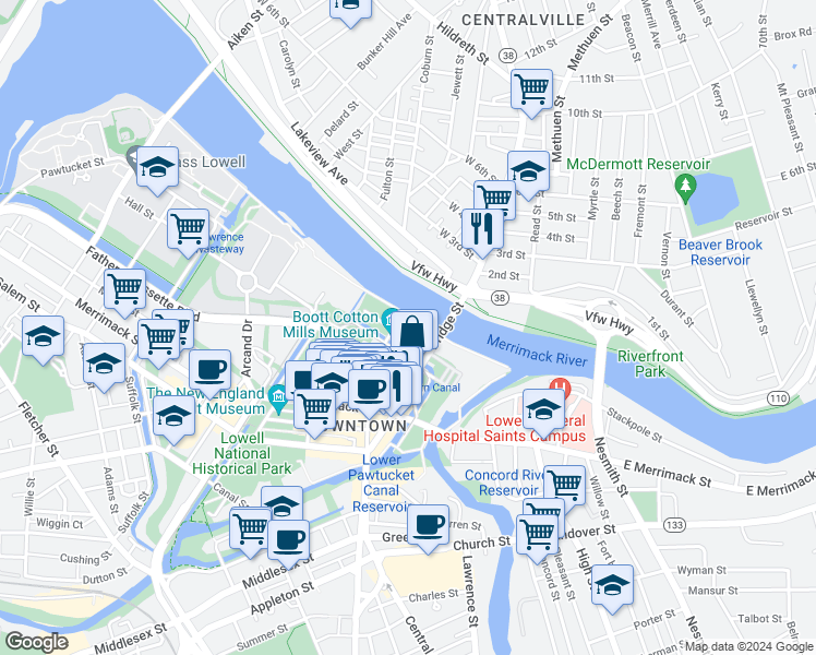map of restaurants, bars, coffee shops, grocery stores, and more near 141 John Street in Lowell