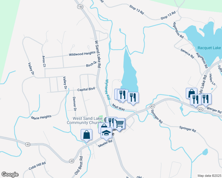 map of restaurants, bars, coffee shops, grocery stores, and more near 9 Brookside Road in West Sand Lake