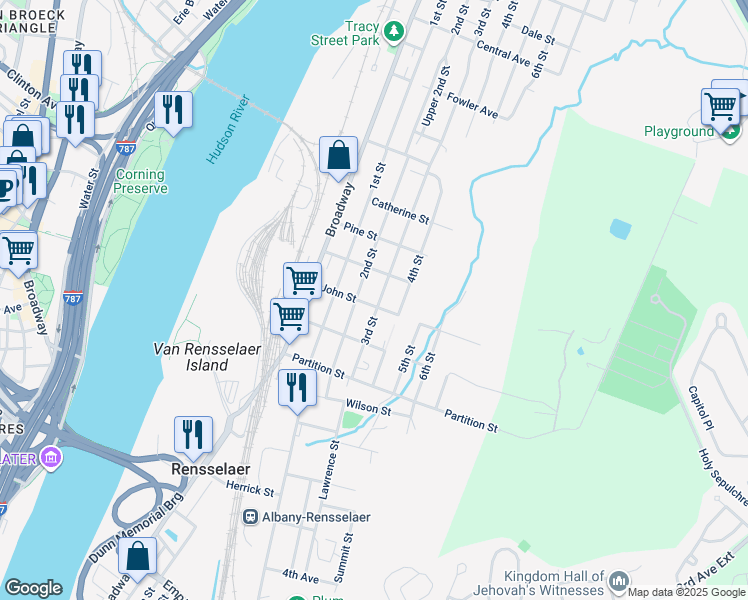 map of restaurants, bars, coffee shops, grocery stores, and more near 1016 3rd Street in Rensselaer