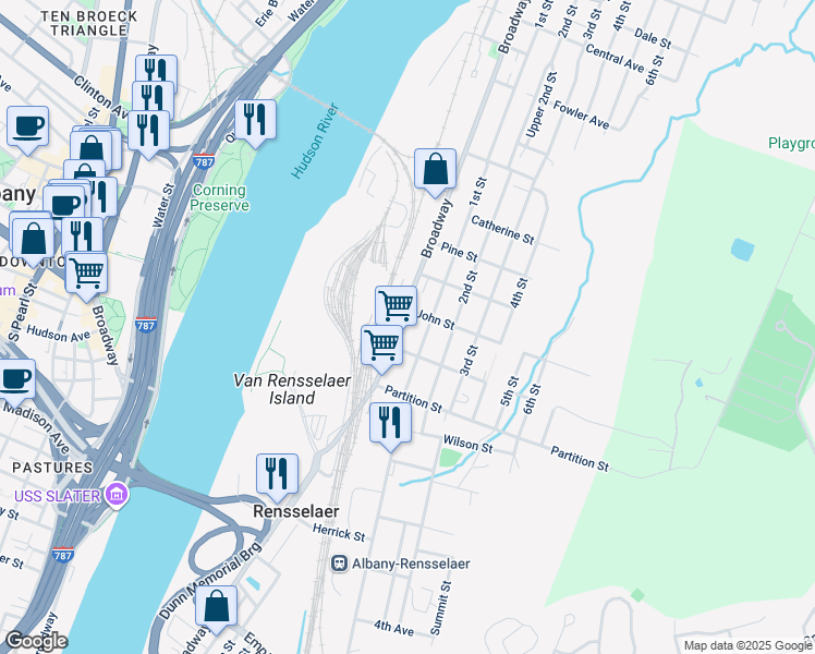 map of restaurants, bars, coffee shops, grocery stores, and more near 938 Broadway in Rensselaer