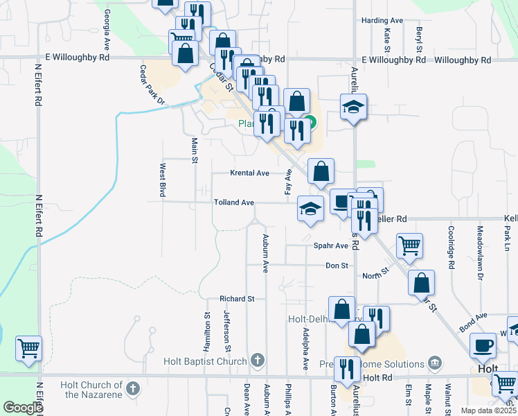 map of restaurants, bars, coffee shops, grocery stores, and more near 4649 Tolland Ave in Delhi Charter Township