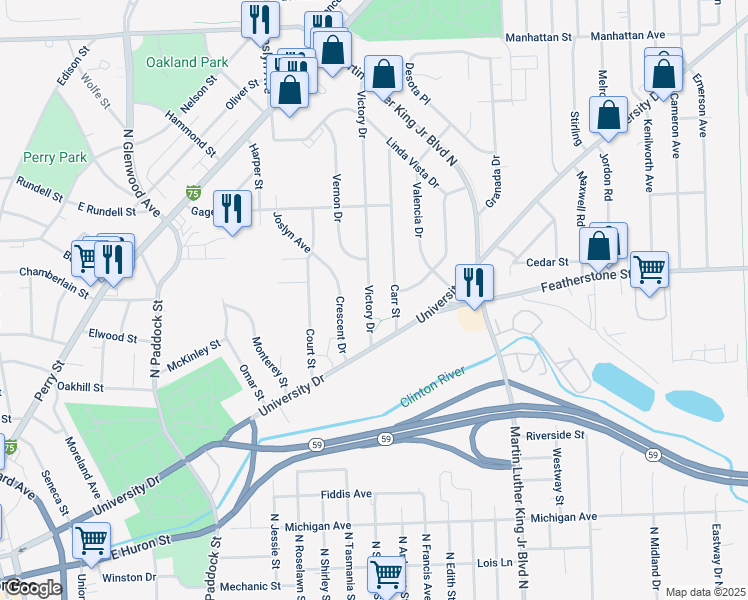 map of restaurants, bars, coffee shops, grocery stores, and more near 52 Victory Drive in Pontiac