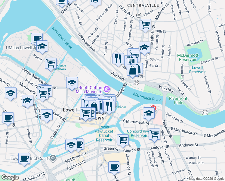 map of restaurants, bars, coffee shops, grocery stores, and more near 141 John Street in Lowell