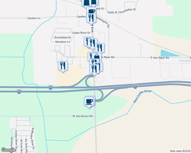 map of restaurants, bars, coffee shops, grocery stores, and more near 963 South Grand Avenue in Fowlerville